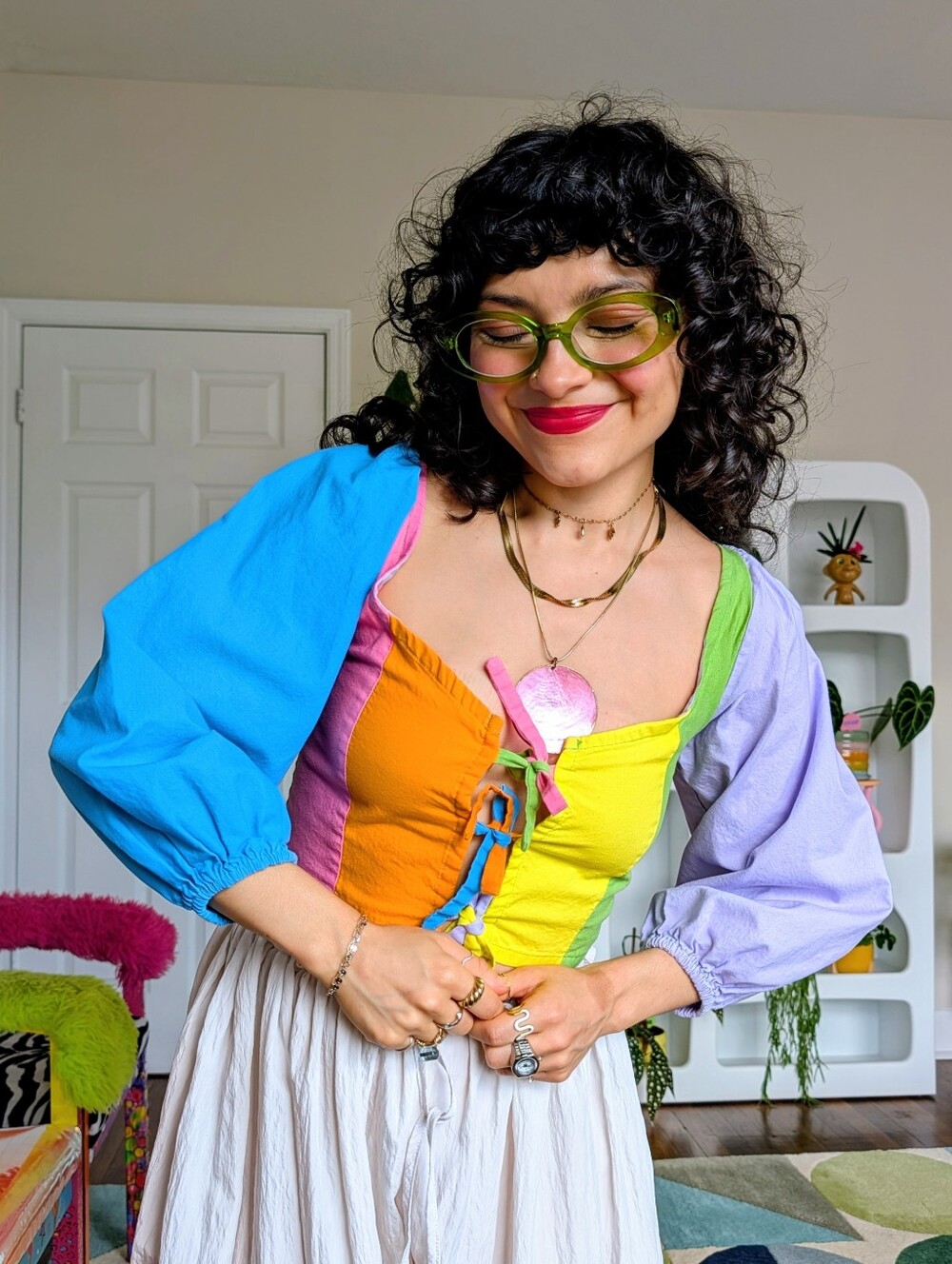 Handmade Rainbow Puff Sleeve Blouse